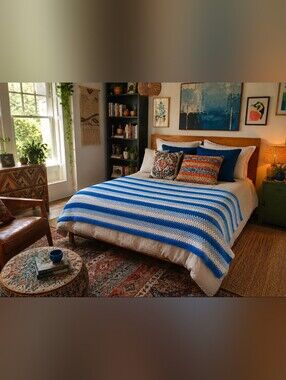 Vintage Handmade Crochet Knit Striped Blanket